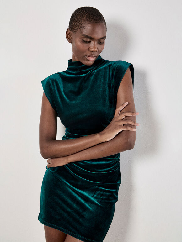 Ruched Velvet Bodycon Mini Dress, Green, large