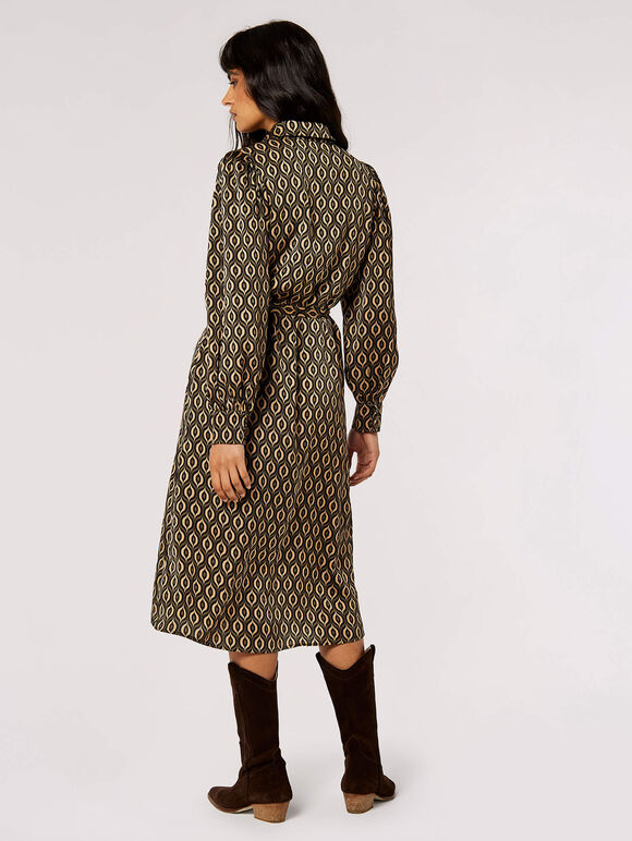 Geometric Satin Shirt Midi Dress, Khaki, large