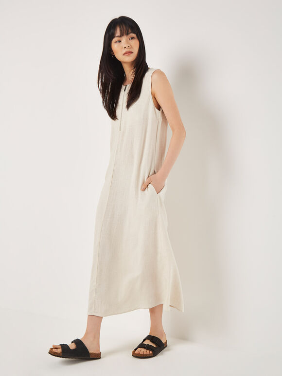 Linen Blend Zip Maxi Dress, Stone, large