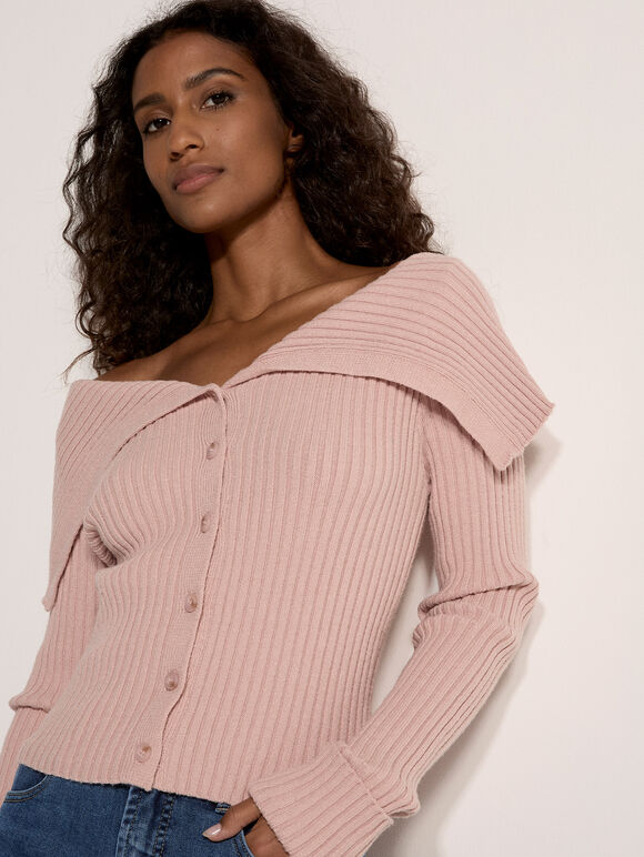 Wide Collar Ribbed Knit Cardigan, Pink, large