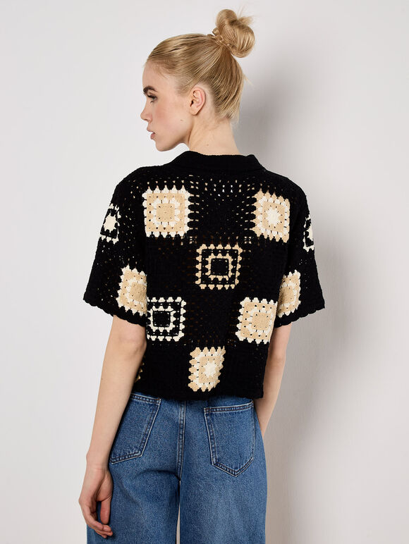Crochet Squares Top, Black, large