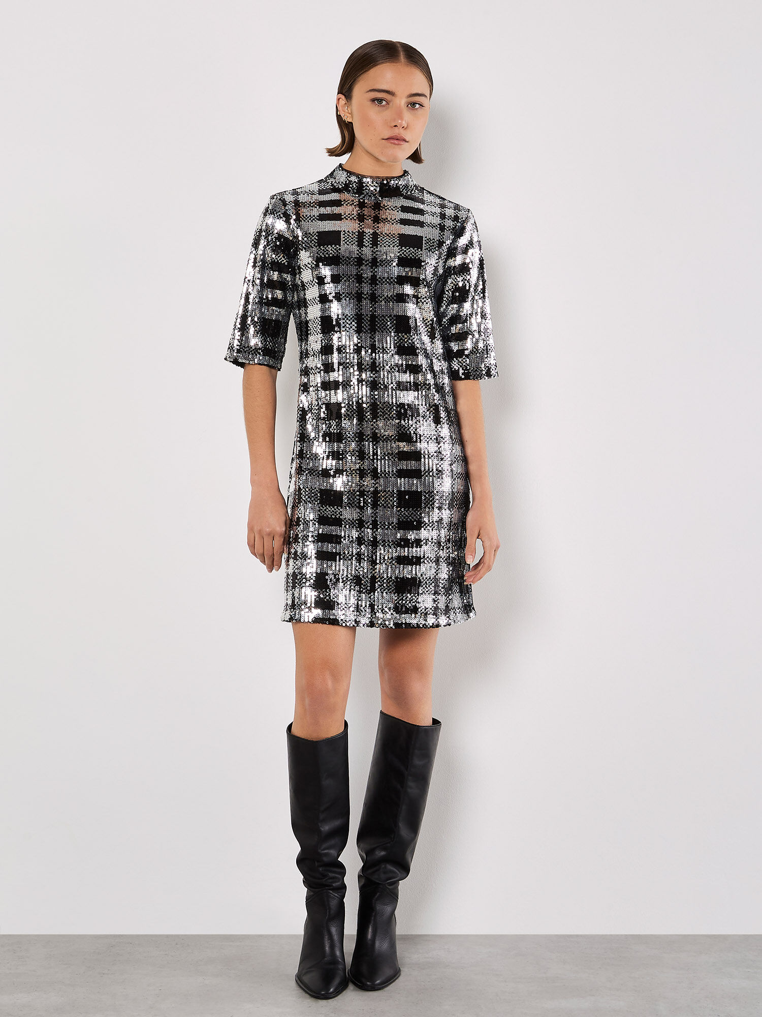Sequin Check Bodycon Mini Dress Apricot Clothing