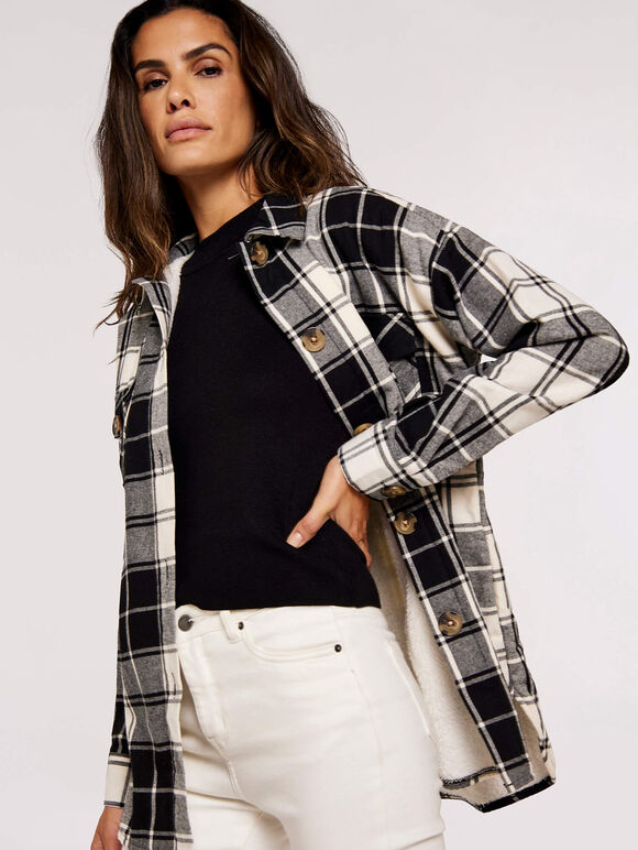 Checked Flannel Shacket, Black, large