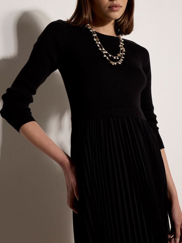 Ribbed Knit Midi Dress, Black, large