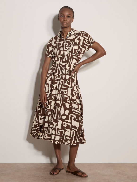 Geo Grecian Shirt Midi Dress, Brown, large