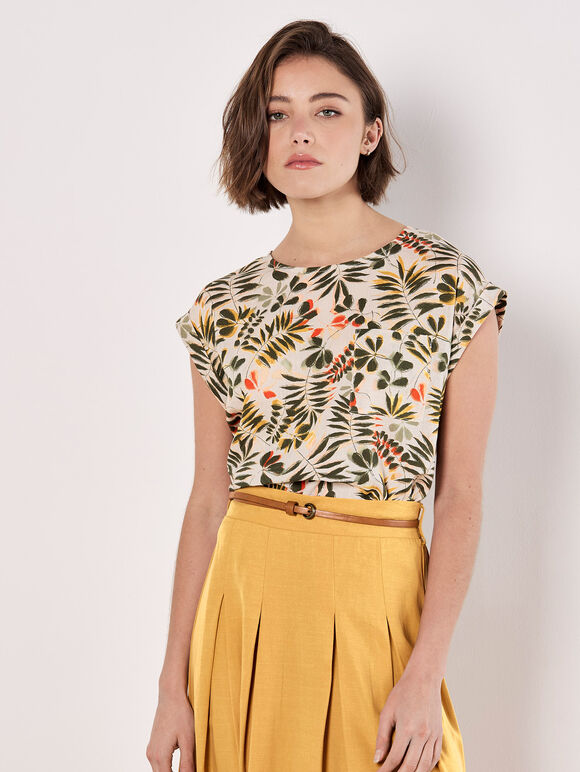 Tropical Leaf Split Back Top, Stone, large