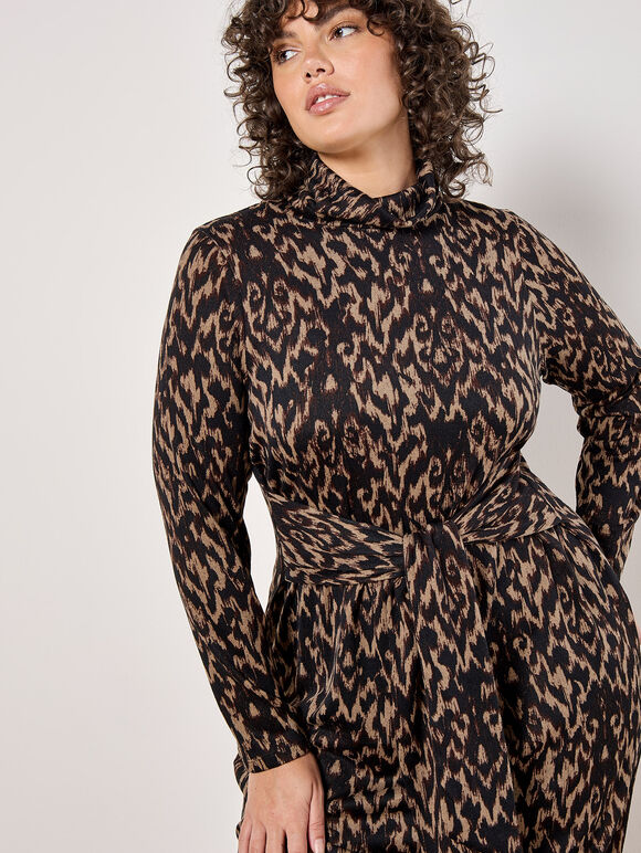 Curve Abstract Print Soft Knit Midi Dress, Brown, large