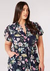 Curve Graphic Floral Shirt Midi Dress, Navy, large