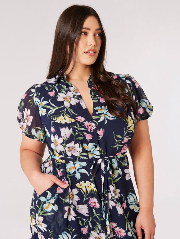 Curve Graphic Floral Shirt Midi Dress, Navy, large