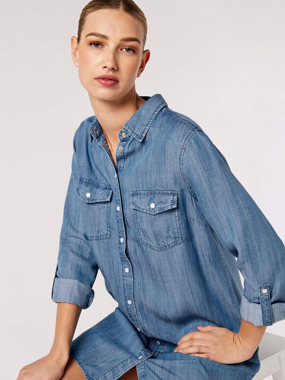 Denim Shirt Mini Dress, Blue, large
