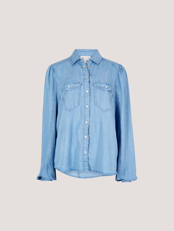 Balloon Sleeve Denim Shirt, Blue, large