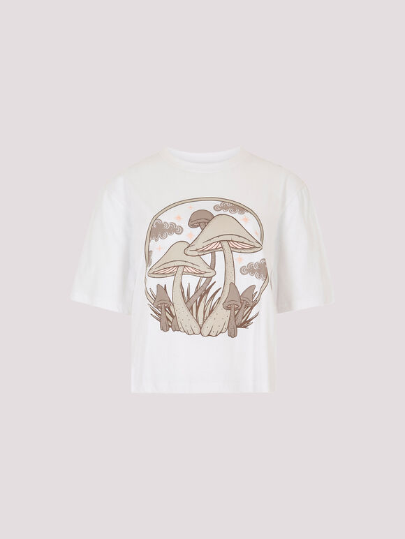 Mushroom Print Cropped T-Shirt, Cream, large