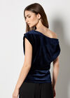 Draped One-Shoulder Asymmetric Velvet Top, Navy, large