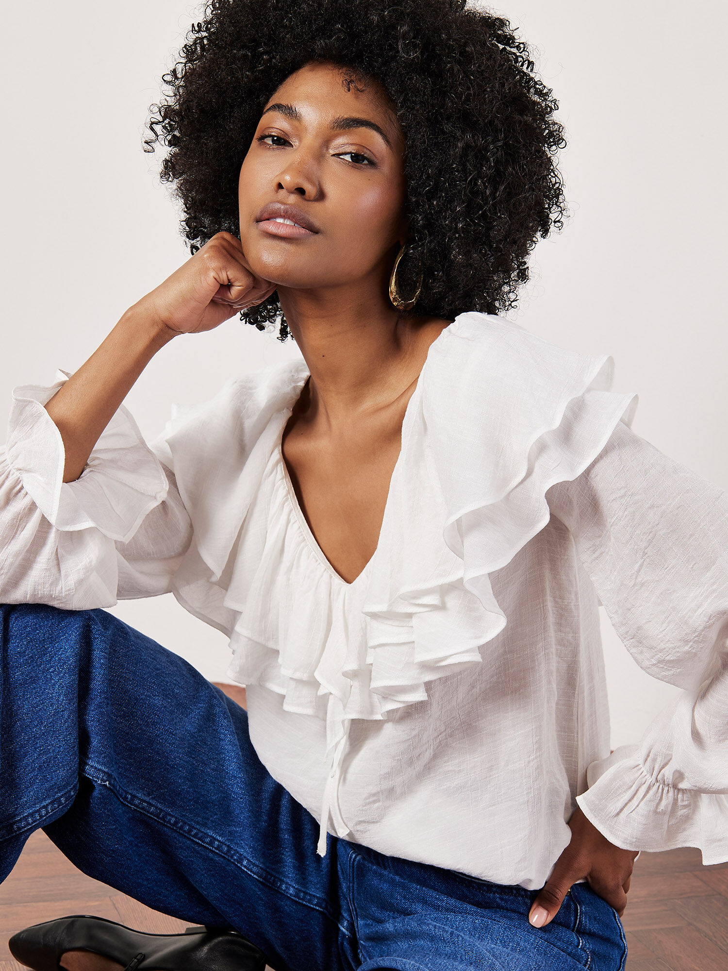 Ruffle neckline top deals