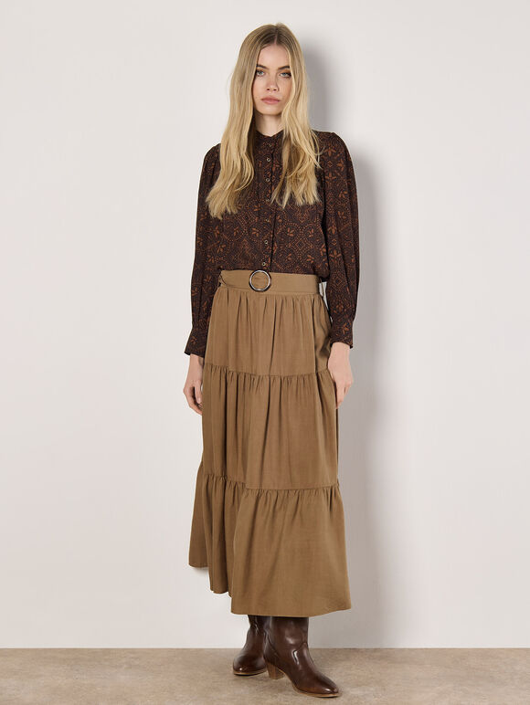 Mosaic Print Chiffon Ruffle Blouse, Brown, large