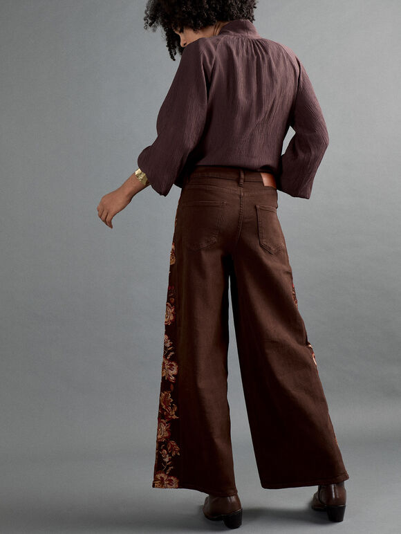 Floral Embroidered Wide-Leg Jeans, Orange, large