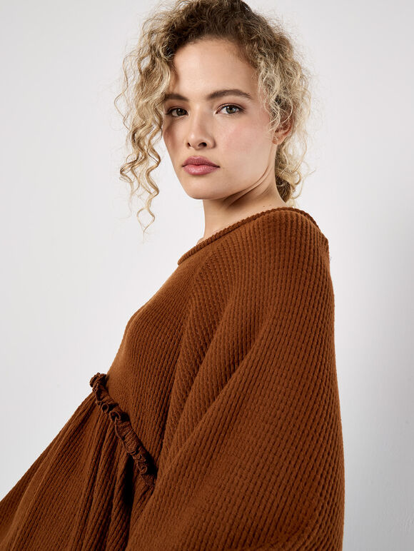 Waffle Knit Babydoll Oversized Top, Rust, large