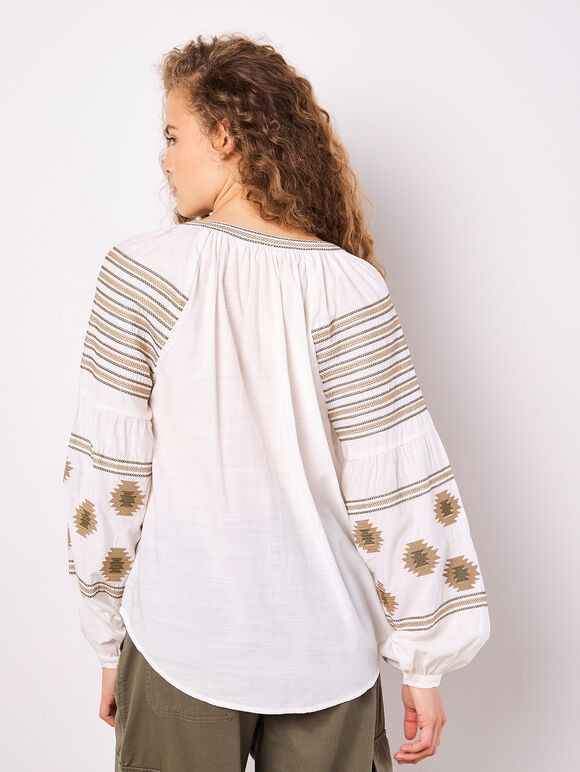Aztec Embroidered Blouse, White, large