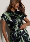 Tropical Leaf Satin Shirt Midi Dress, Navy, large