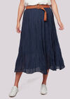 Shimmer Crinkle Belted Skirt, Navy, large