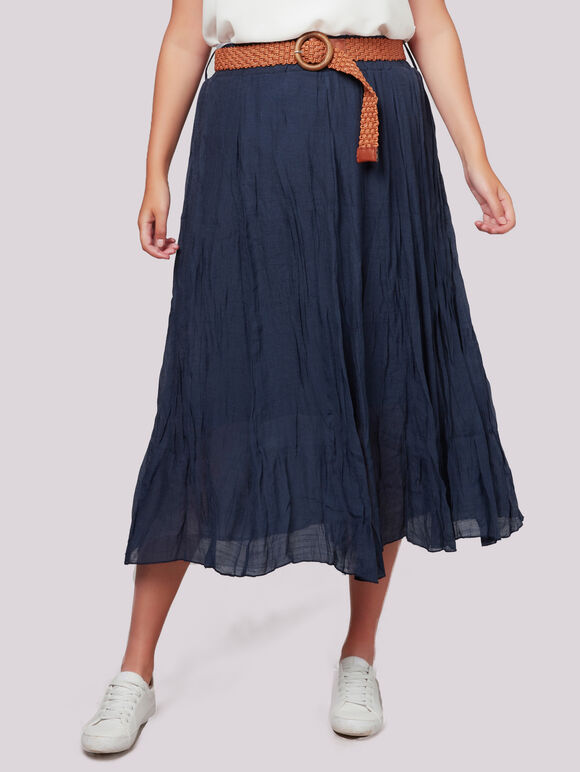 Shimmer Crinkle Belted Skirt, Navy, large