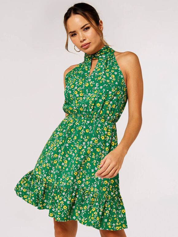 Ditsy Halter Mini Dress, Green, large