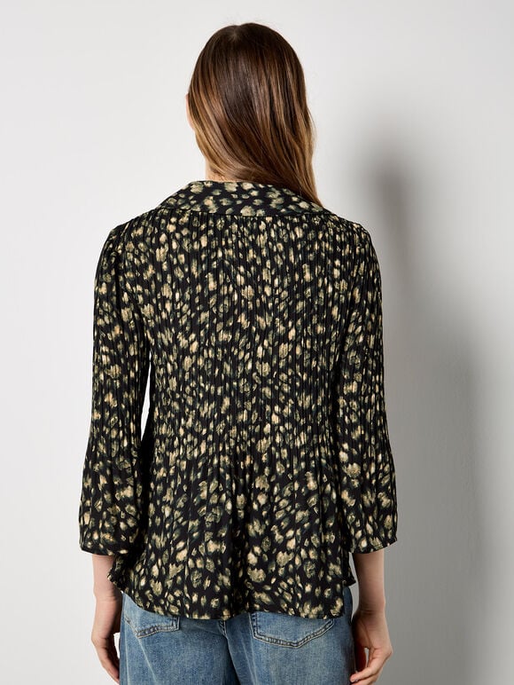 Abstract Animal Chiffon Plisse Shirt, Black, large