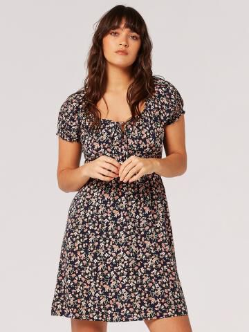 Ditsy Floral Milkmaid Mini Dress Apricot Clothing