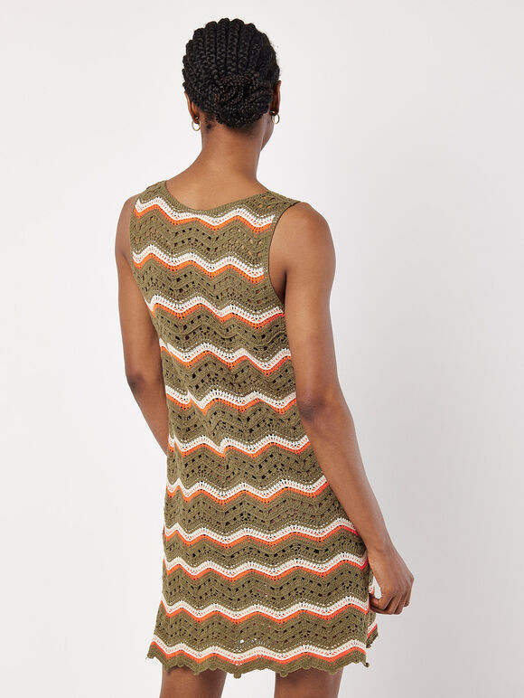 Chevron Crochet Shift Mini Dress, Khaki, large