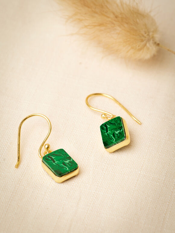 Gold Tone Square Stone Hook Earrings, Green, large