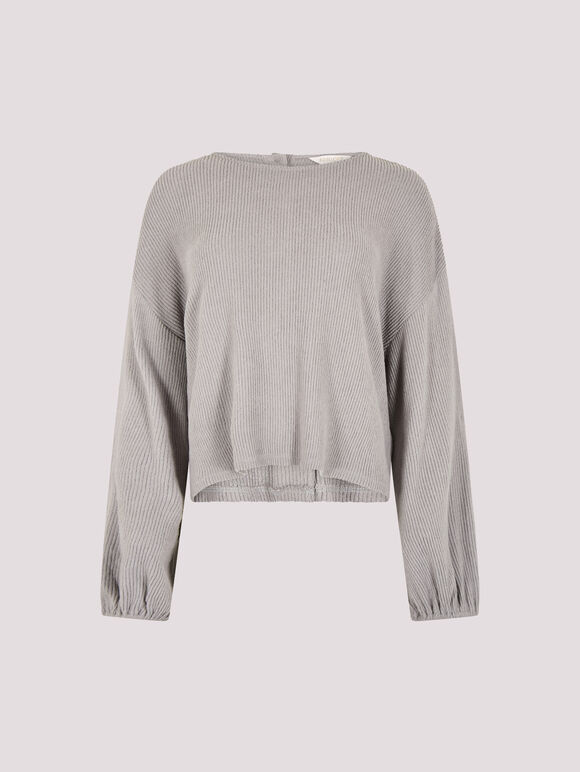 Button Back Ribbed Soft Touch Top, Grey, large