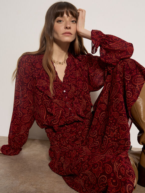 Paisley Chiffon Ruffle Blouse, Burgundy, large