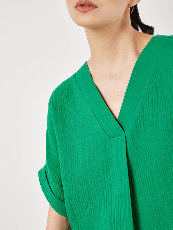 Textured Cotton Pleat Front Top, Green, large