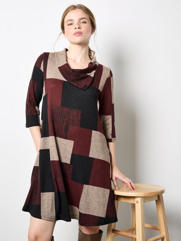 Colour Block Swing Mini Dress, Burgundy, large