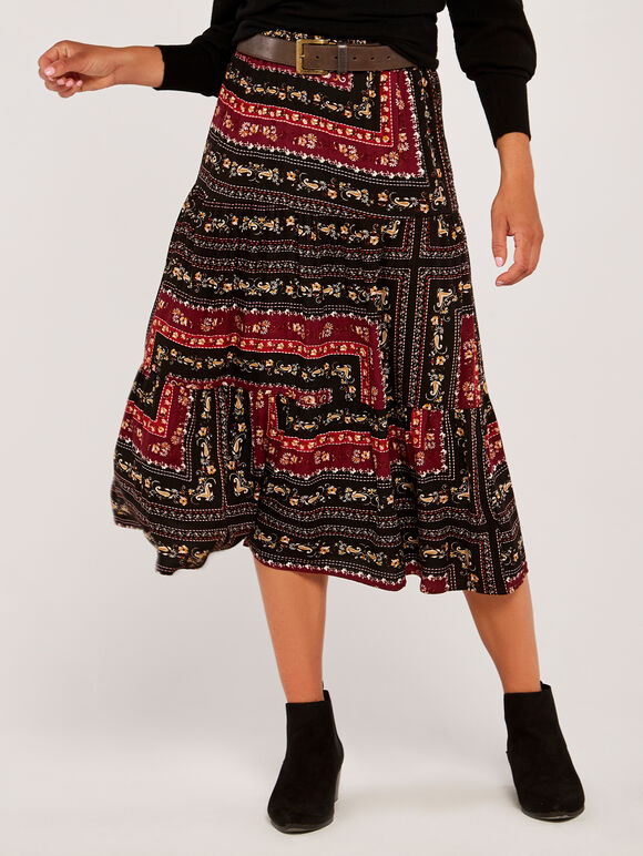 Scarf Print Skirt, Burgundy, large