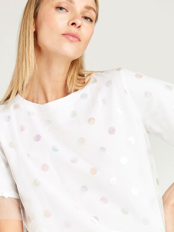 Metallic Mesh Layer Tee, White, large