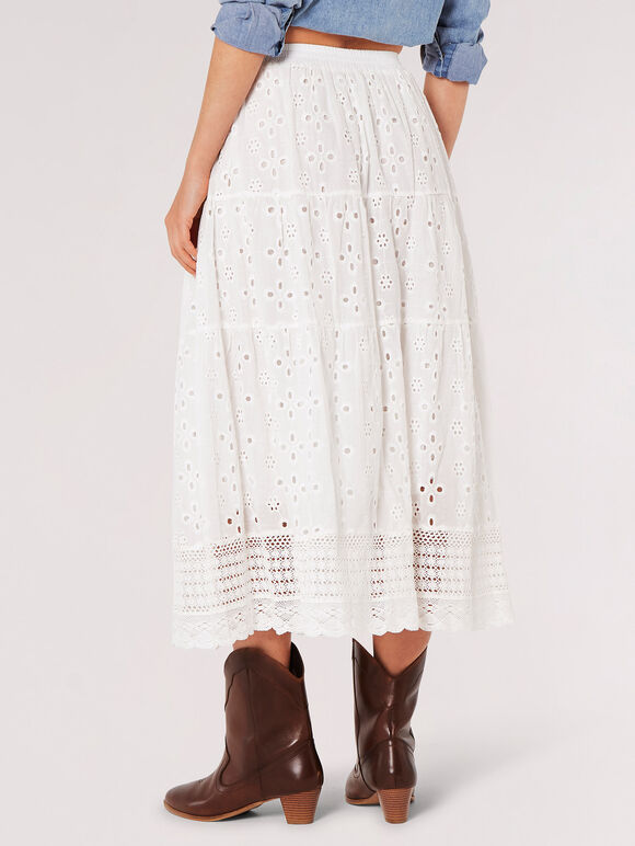 Broderie Cotton Crochet Midi Skirt, White, large