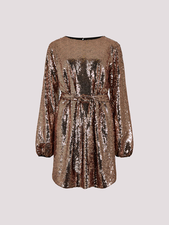 Sequin Shift Mini Dress, Brown, large