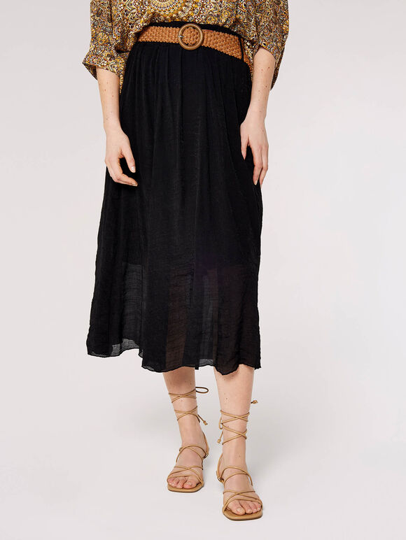 Shimmer Crinkle Midi Skirt, Black, large
