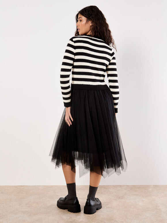 Stripe Knit Bodice Tulle Midi Dress, Black, large