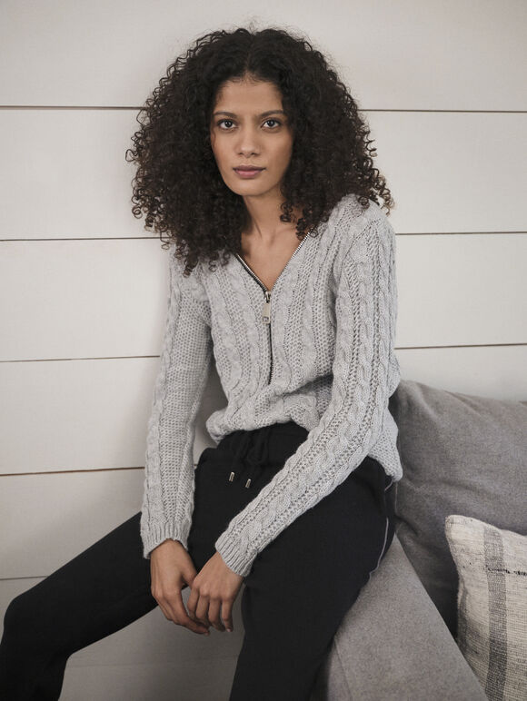 Big Zipper Aran Knit Jumper, Light Grey / Silver, large