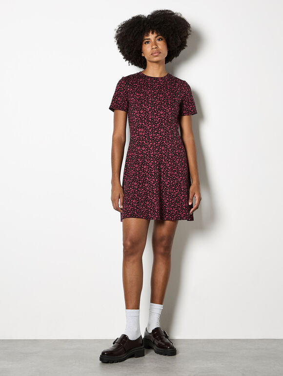 Petal Print Fit And Flare Jersey Mini Dress, Burgundy, large