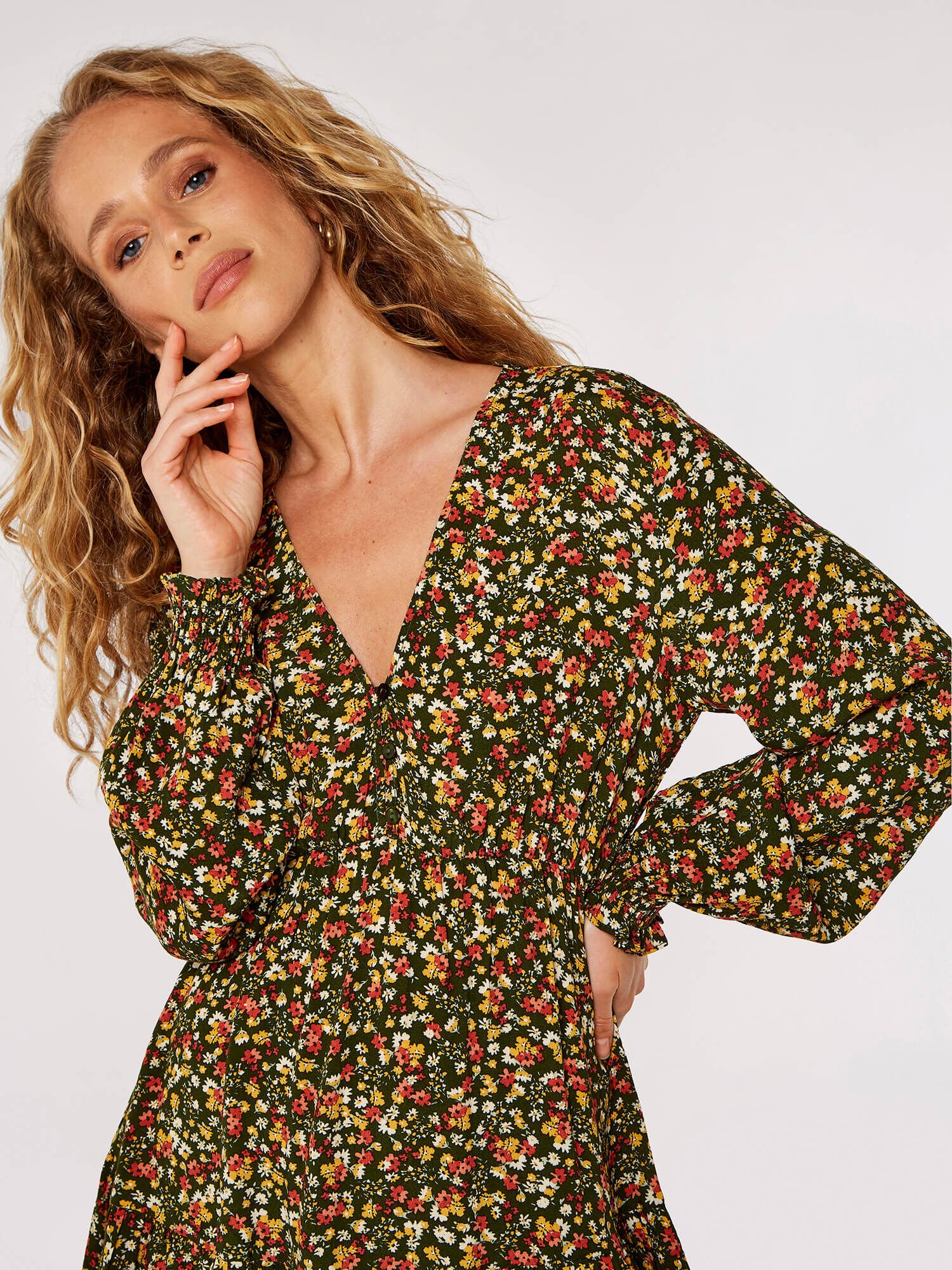 Ditsy Floral Tiered Mini Dress Apricot Clothing