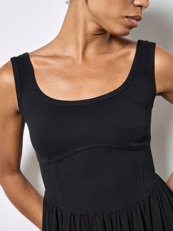 Jersey Bodice Midi Dress, Black, large