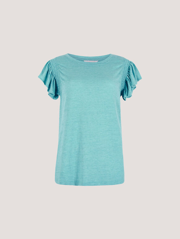Soft Slub Ruffle Sleeve T-Shirt, Blue, large