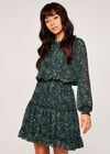 Leopard Tiered Pussybow Dress, Green, large