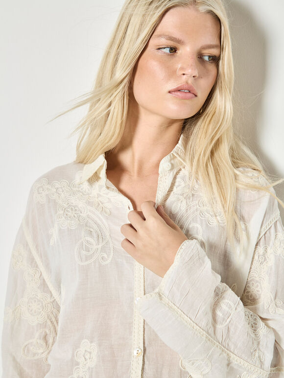 Embroidered Mesh Lace Oversized Shirt, Stone, large