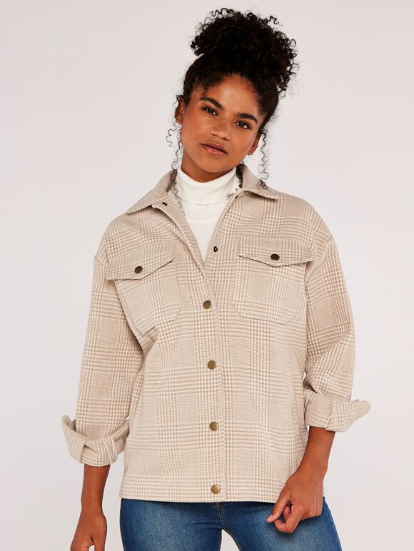 Check Wool Shacket, Stone, large