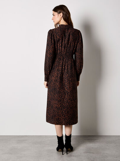 Animal Print Ruched Shirt Midi Dress