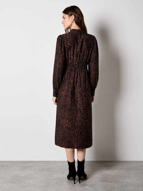 Animal Print Ruched Shirt Midi Dress, Brown, large